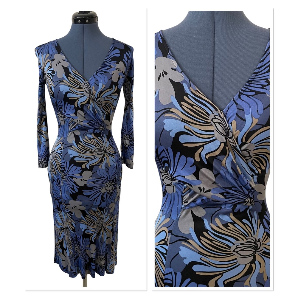 Vtg Rena Lange Blue Floral Jersey Faux Wrap Midi Bodycon Dress Wedding Boho 4